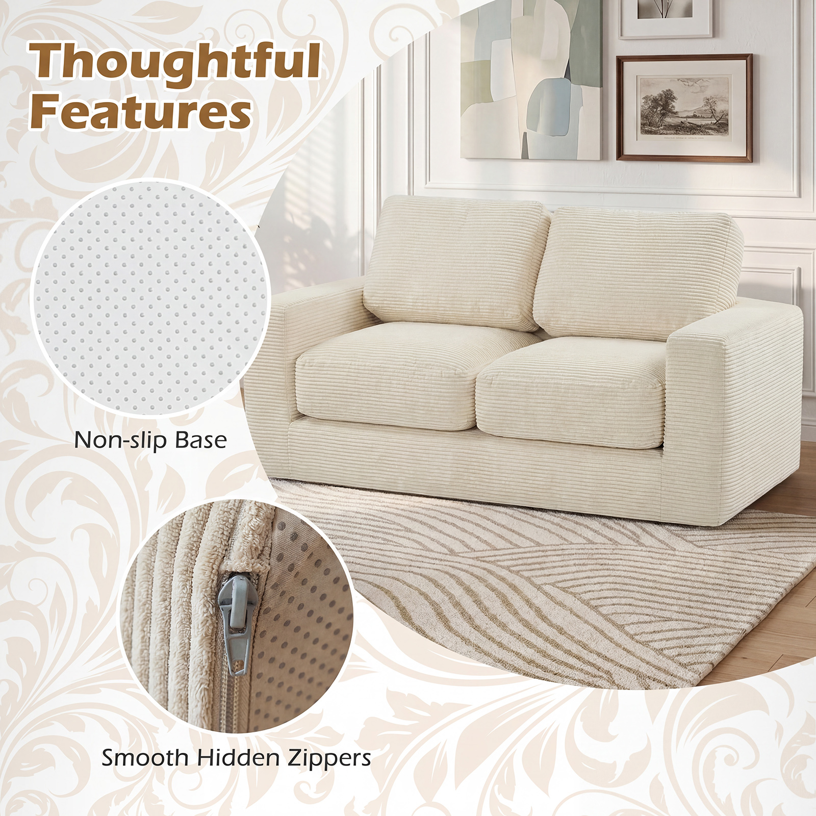 2-Seater Floor Couch, Loveseat Foam Sofa w/Removable Corduroy Cover,No Assembly - Produktbild 5