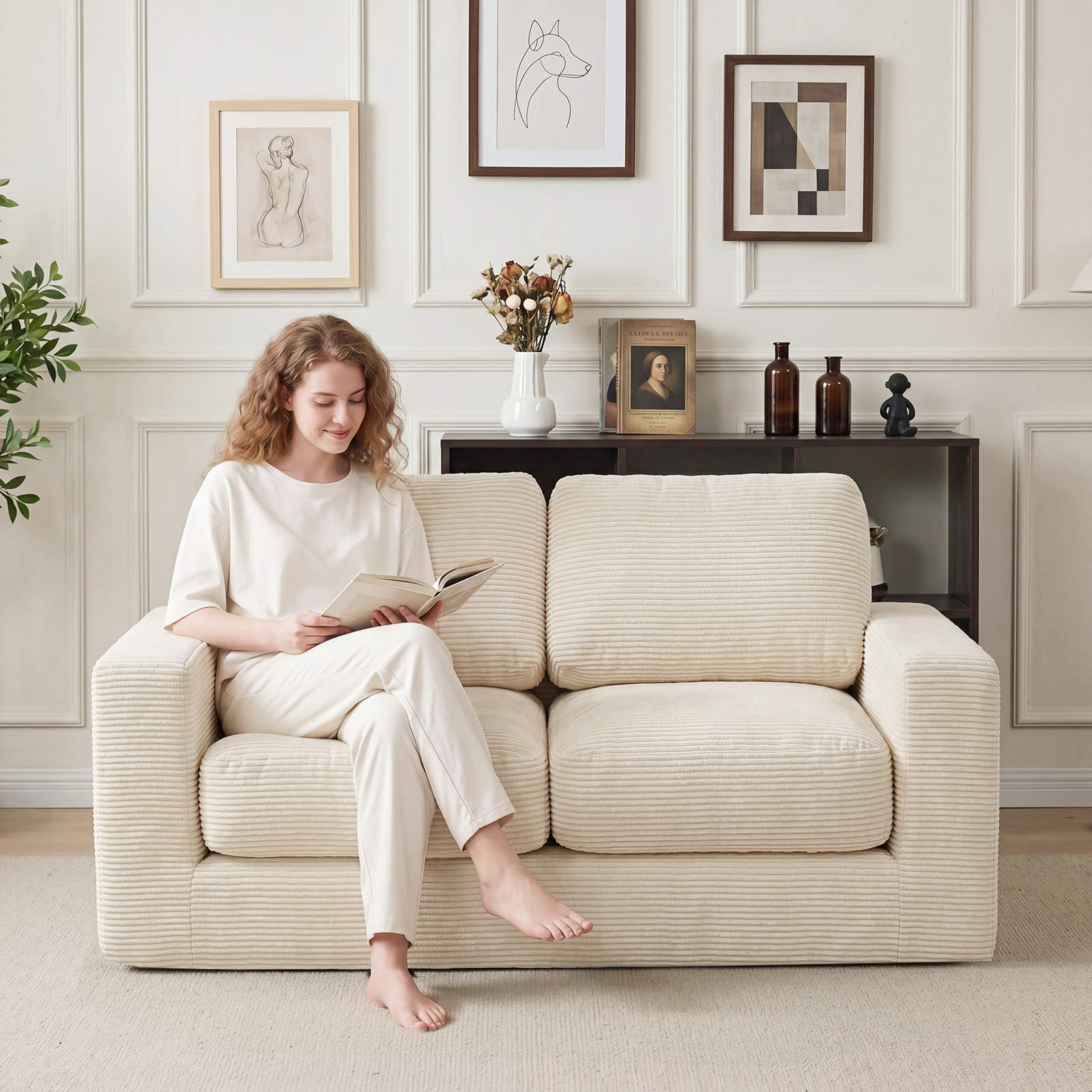 2-Seater Floor Couch, Loveseat Foam Sofa w/Removable Corduroy Cover,No Assembly - Produktbild 3