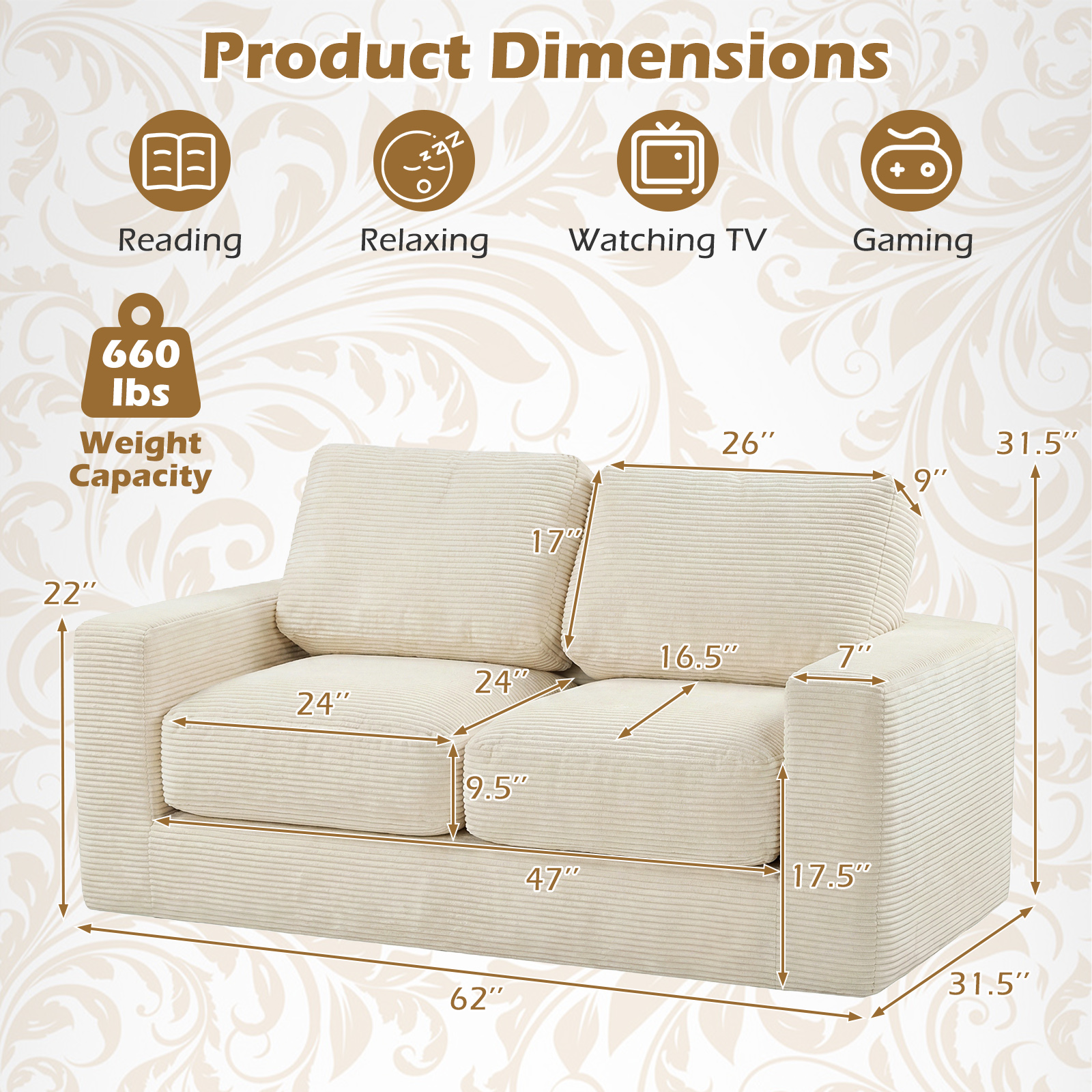 2-Seater Floor Couch, Loveseat Foam Sofa w/Removable Corduroy Cover,No Assembly - Produktbild 1