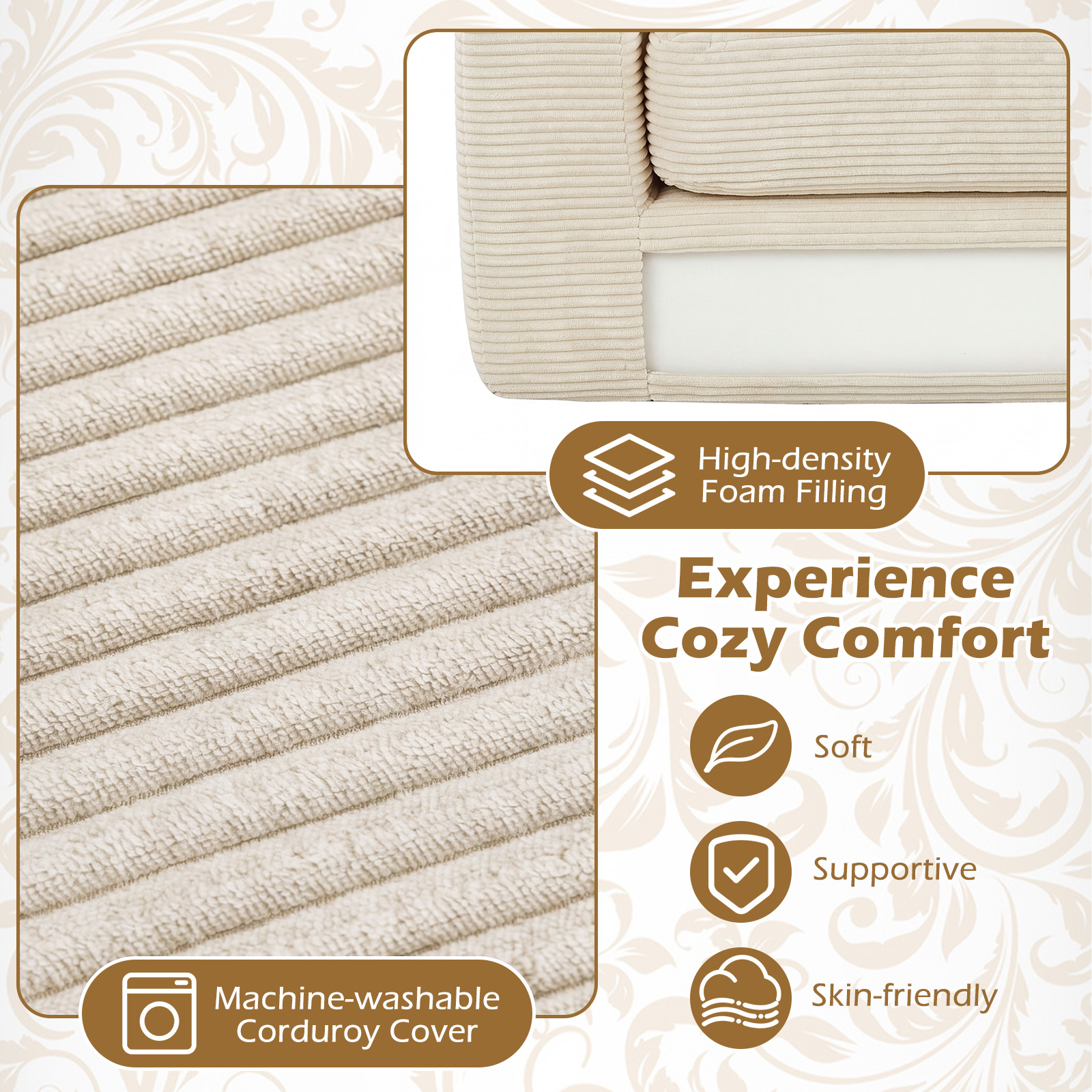 2-Seater Floor Couch, Loveseat Foam Sofa w/Removable Corduroy Cover,No Assembly - Produktbild 6